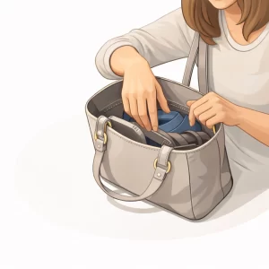 Eine Frau sucht nach Schlüsseln in ihrer Tasche