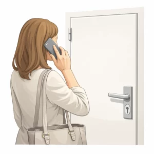 Eine Frau telefoniert vor einer geschlossenen Tür